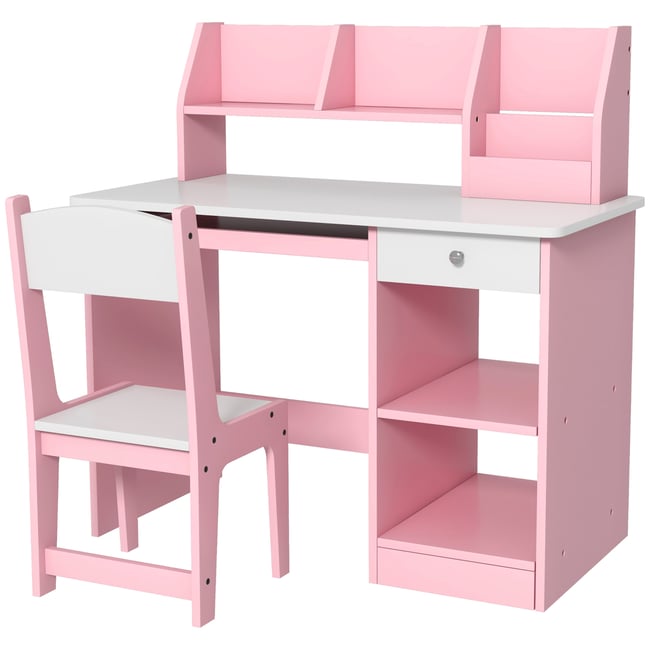 Bureau d'étude pour enfants avec chaise MDF rose et blanc <span itemprop=