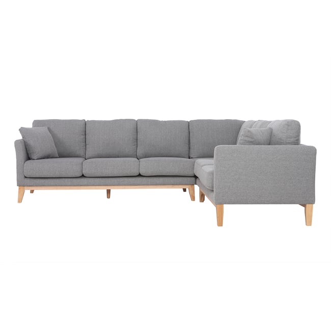 Canapé d'angle déhoussable scandinave 5-6 places en tissu gris clair et bois clair OSLO Couleur gris clair <span itemprop=