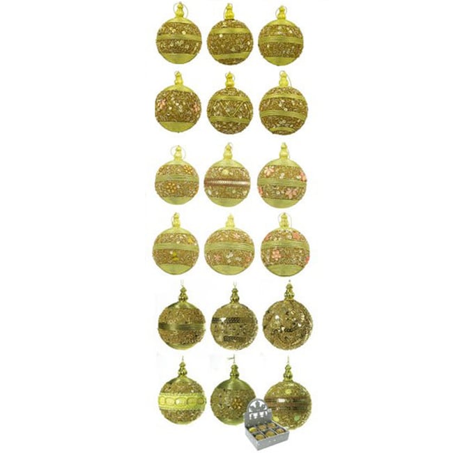 Set de 6 boules de Noël décorées – Sequins, strass et perles Couleur jaune <span itemprop=