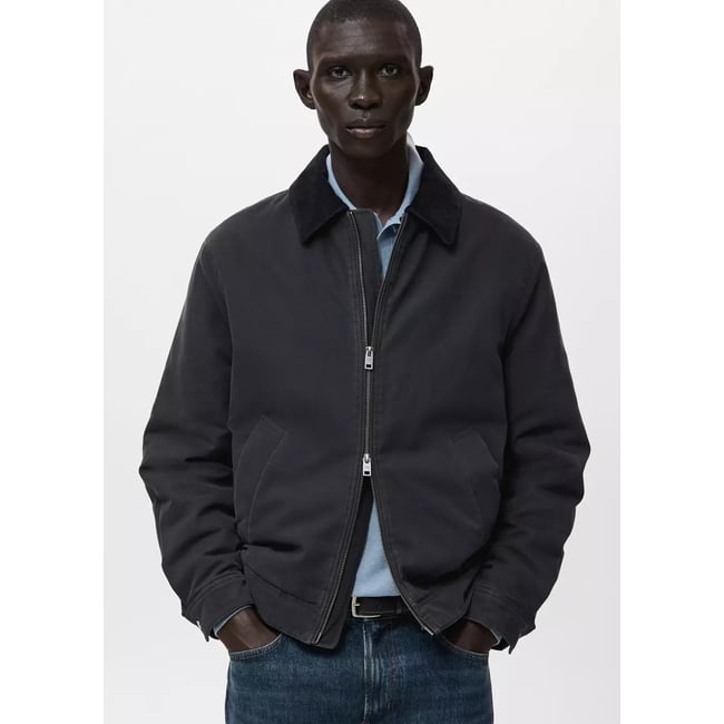 Quilted jacket with corduroy collar bleu nuit <span itemprop=