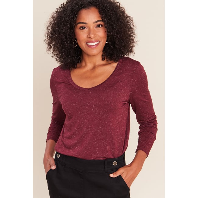 T-shirt ajusté col v manches longues bordeaux <span itemprop=