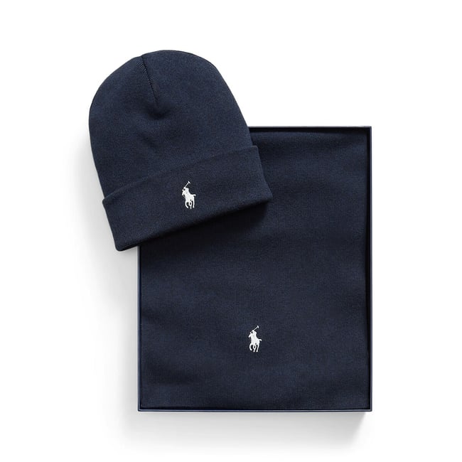 Coffret écharpe et bonnet, en coton marine chiné <span itemprop=