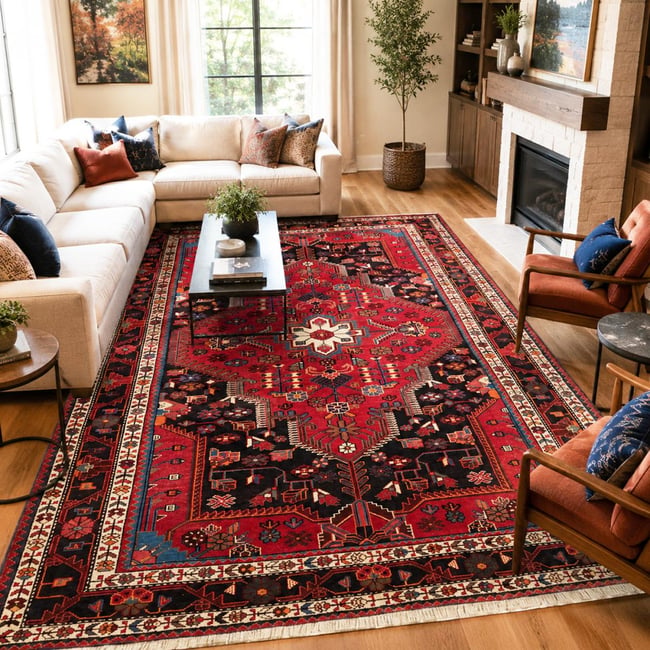 Tapis d'orient, motif oriental, noué main en laine, HAMADAN 28 Couleur rouge, bleu, noir <span itemprop=