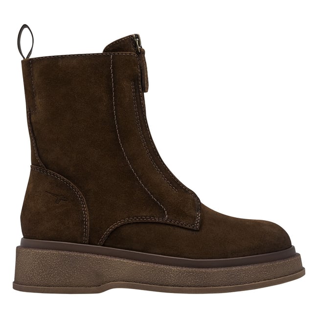 Boots plates, zippées, en cuir suède marron <span itemprop=