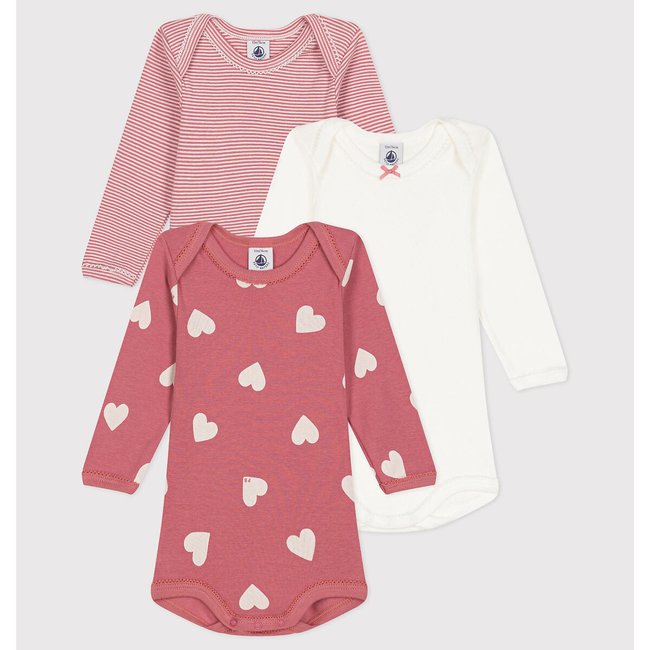 Pack of 3 Bodysuits with Long Sleeves, pink + white, PETIT BATEAU
