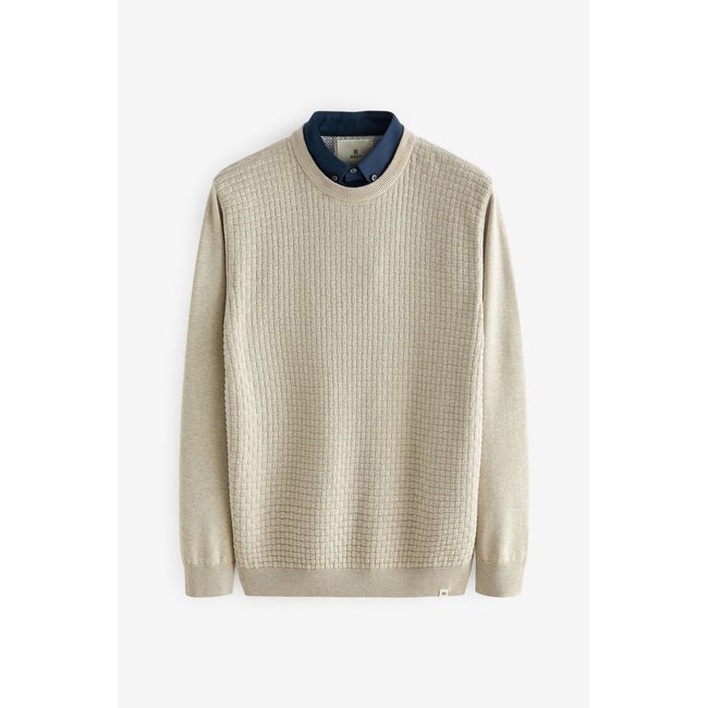 Pull ras du cou en maille faux col de chemise naturel <span itemprop=