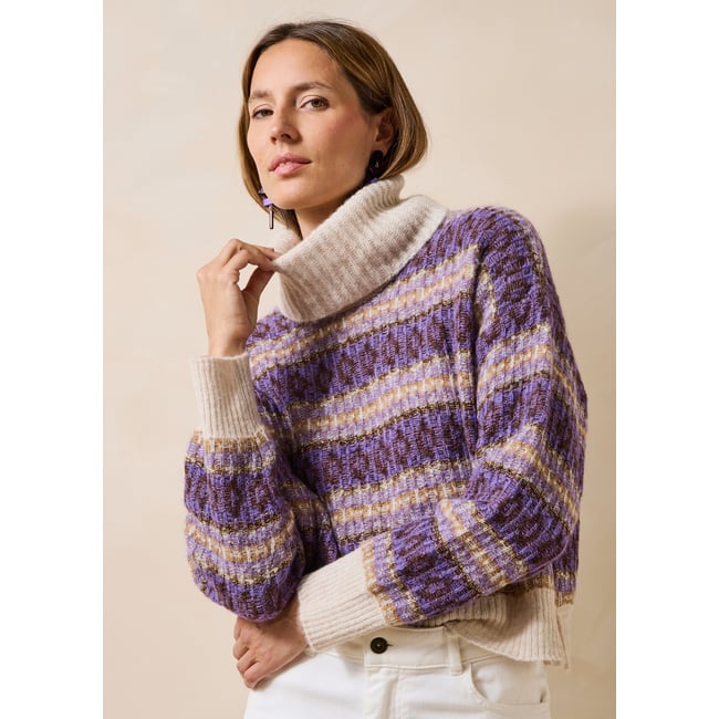 Pull manches longues en jacquard rayé ecru/pensee <span itemprop=
