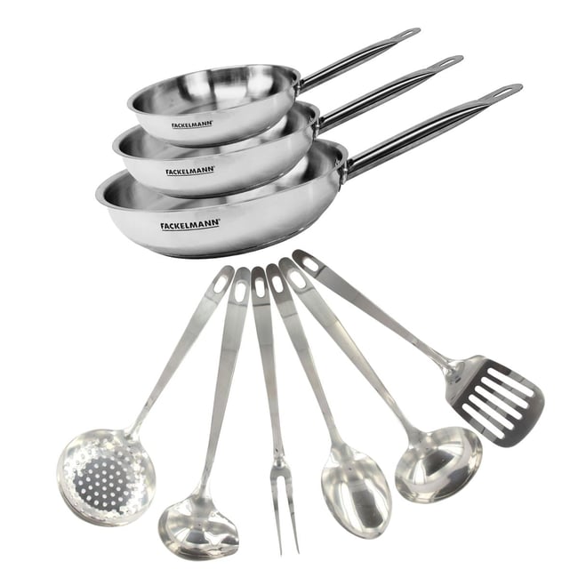 Set de 3 poêles de 20, 24 et en inox et 6 ustensiles inox ETERNA inox <span itemprop=