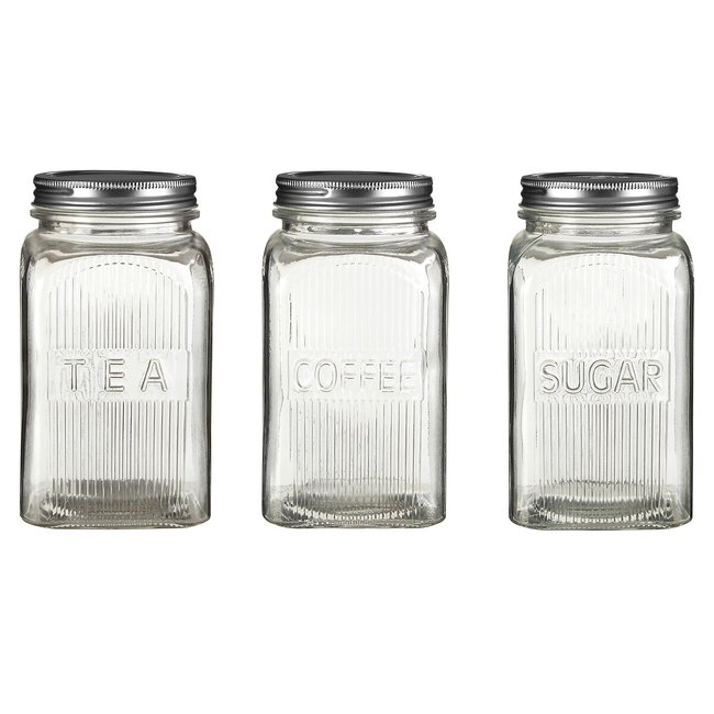 Set of 3 Embossed Glass Tea Coffee Sugar Jars with Silver Lids, silver-coloured, SO'HOME