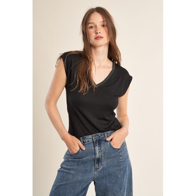 T-shirt à col V, orné de strass - MOLLY BRACKEN