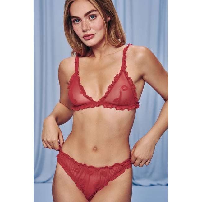 Soutien-gorge triangle en mesh broderies bouches SWEETKISSIZ rouge <span itemprop=