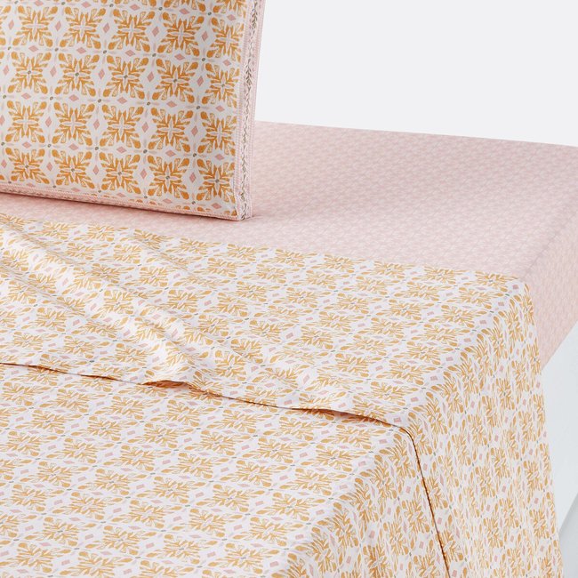 Gardenia Geometric Floral 100% Cotton Flat Sheet yellow print LA REDOUTE INTERIEURS