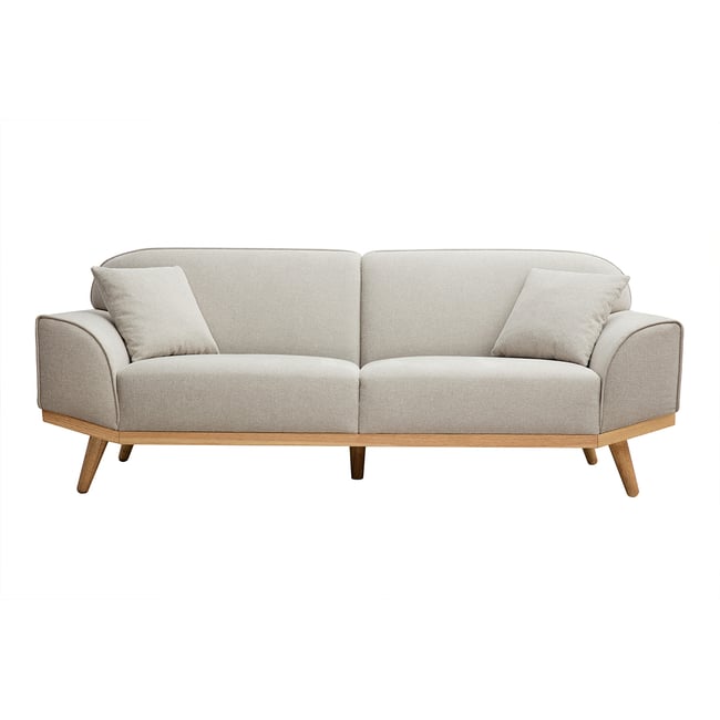 Canapé scandinave 3 places en tissu effet velours texturé beige et bois clair FREEMA Couleur beige <span itemprop=