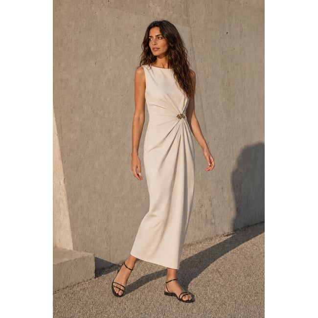 Robe  midi asymétrique  uni ROSA 13-beige <span itemprop=