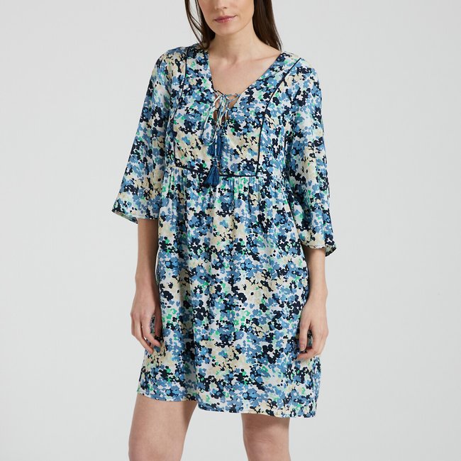 Vestido florido evasé azul/verde <span itemprop=