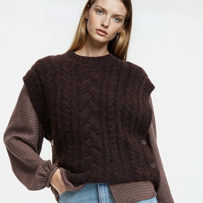 Sleeveless Crew Neck Jumper in Cable Knit, brown, LA REDOUTE COLLECTIONS