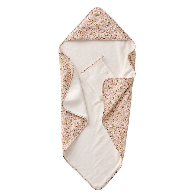 Cape de bain gaze de coton + gant de toilette FLORA blanc imprimé <span itemprop=