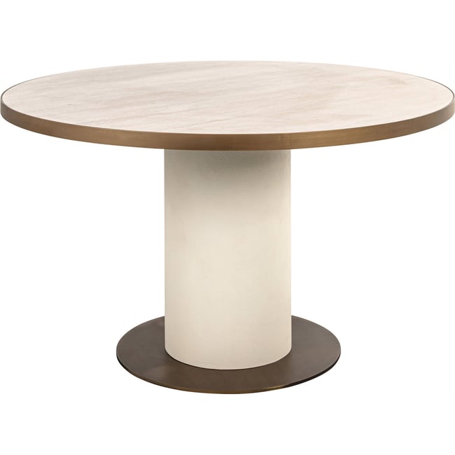 Table à manger ronde en céramique Tivoli Couleur blanc travertin et base dorée <span itemprop=