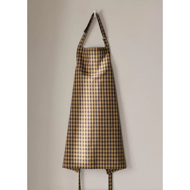 Tablier en coton à carreaux bicolores moutarde <span itemprop=