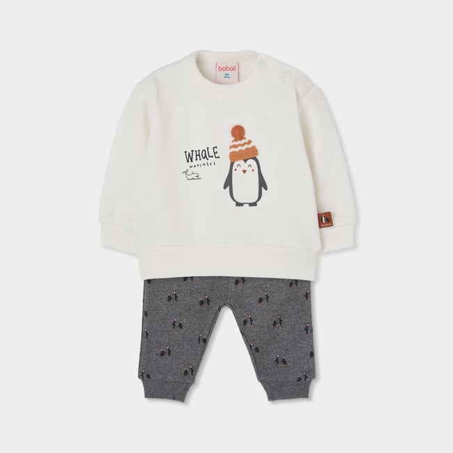 Ensemble bébé garçon maille imprimé pingouins blanc <span itemprop=