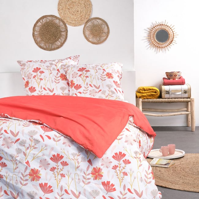 Parure de lit imprimé Floral coton SUNSHINE PIA orange <span itemprop=