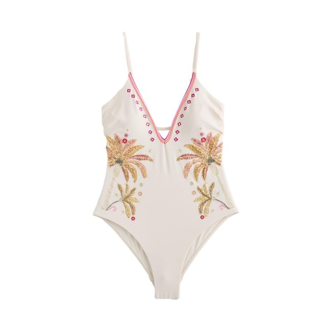 Maillot de bain gainant à sequins crème/rose <span itemprop=