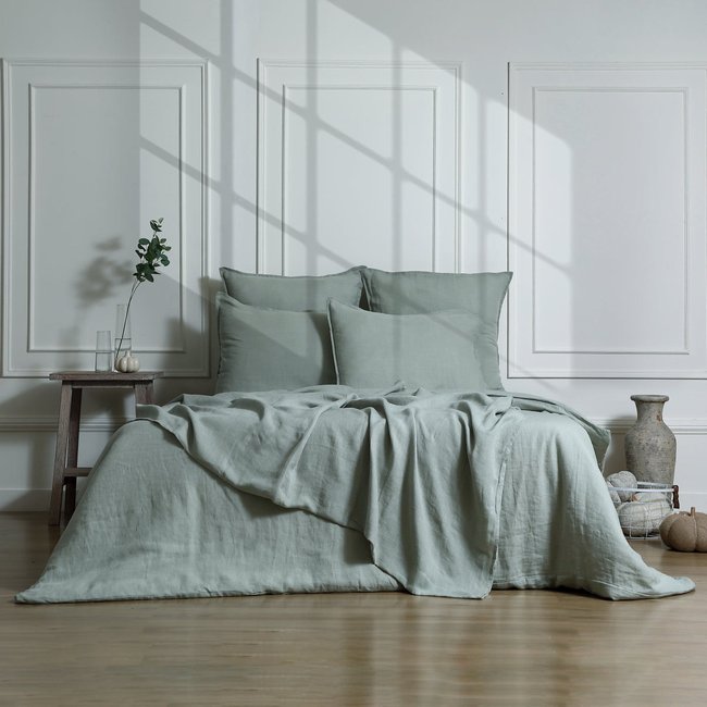 Parure + taies 65x65 lin lavé CAMILLE céladon <span itemprop=