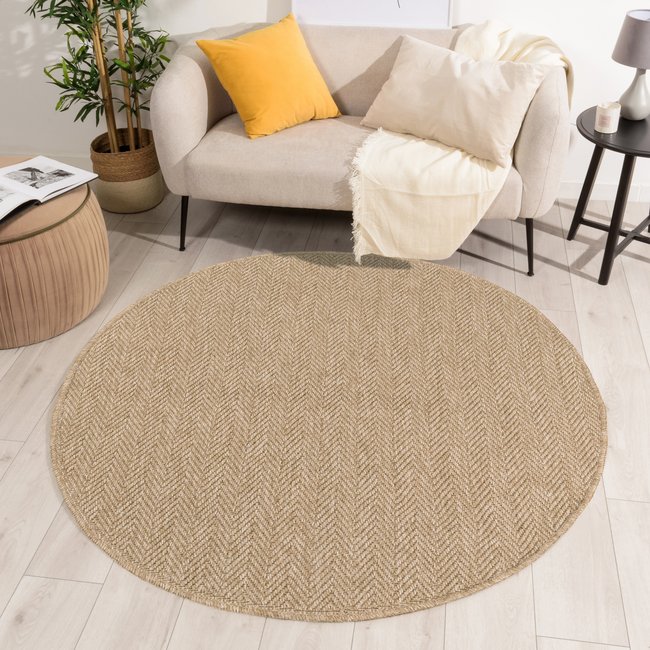 Tapis intérieur extérieur rond aspect jute cheuvrons NATURE Couleur beige <span itemprop=