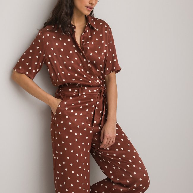 Tan polka dot jumpsuit new arrivals