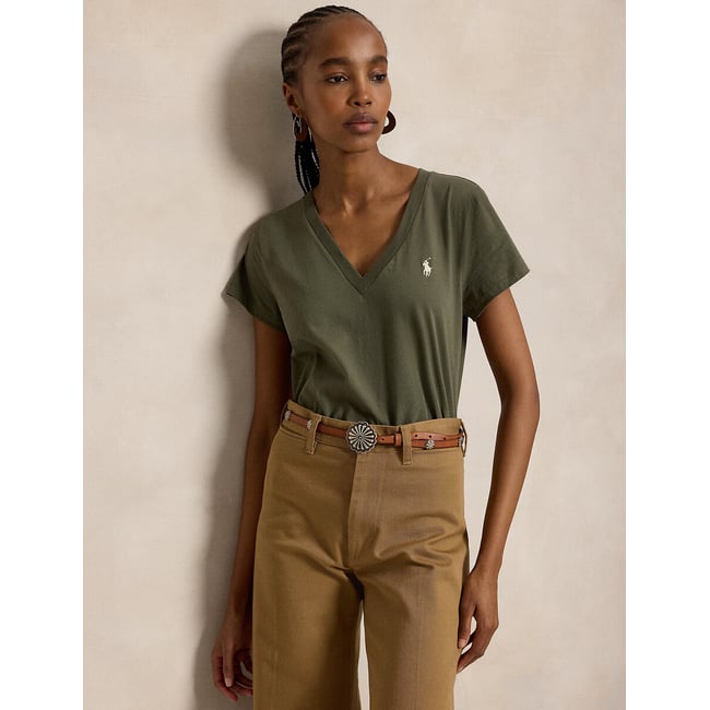 T-shirt col V à manches courtes kaki olive <span itemprop=