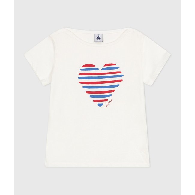 T-shirt manches courtes, motif cœur, coton blanc uni <span itemprop=