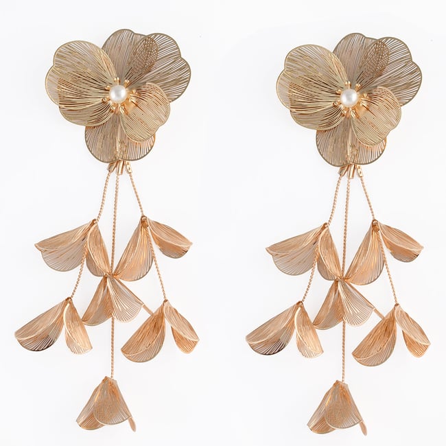 Longues boucles d'oreilles fleurs en filigrane dorées doré <span itemprop=