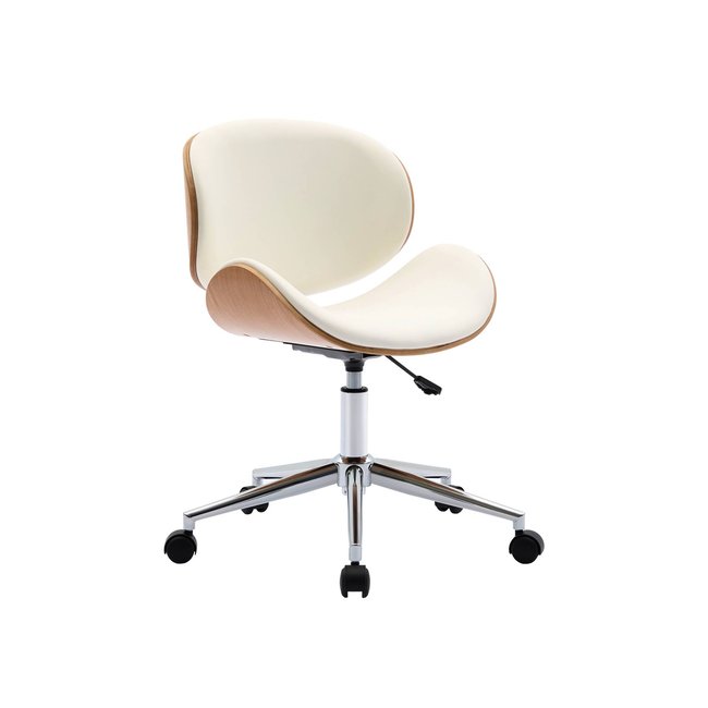 Chaise de bureau à roulettes décor bois courbé et simili cuir DWIGHT Couleur blanc <span itemprop=
