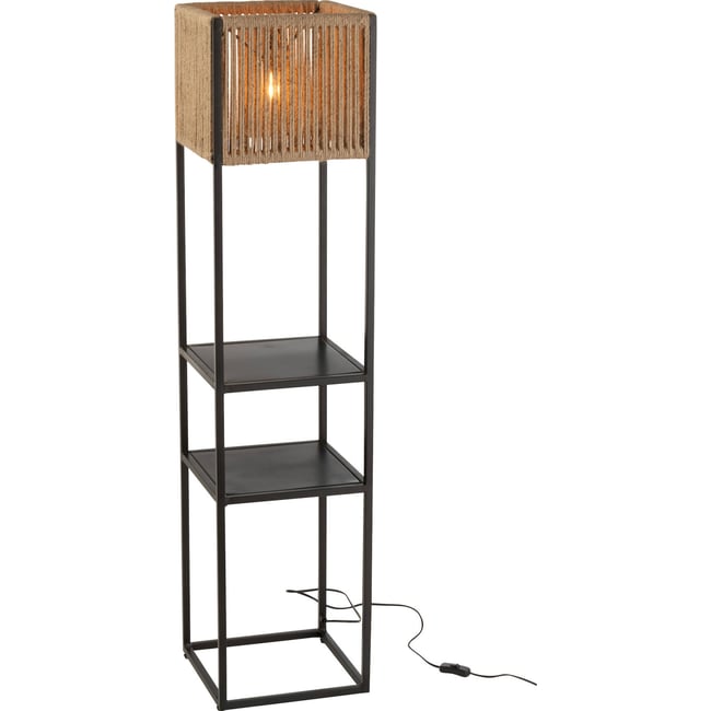 Lampadaire en métal avec abat-jour en jute et étagères Couleur noir mat et jute naturel <span itemprop=