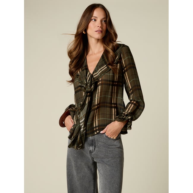 Blouse à carreaux avec volants verde militare <span itemprop=
