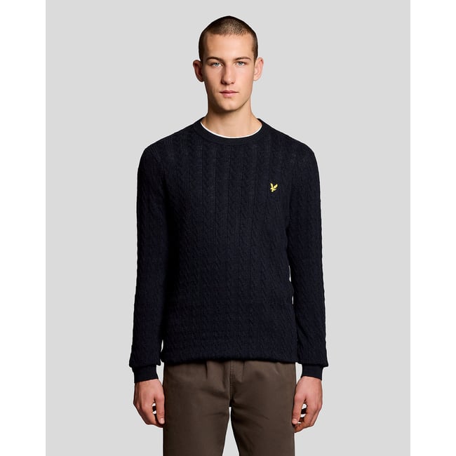 Pull en mélange de lin côtelé col rond bleu foncé marine chiné <span itemprop=