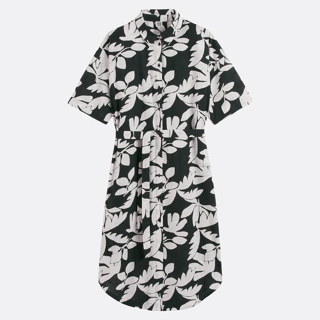Robe chemise longue, manches aux coudes, imprimée imprimé noir/écru <span itemprop=