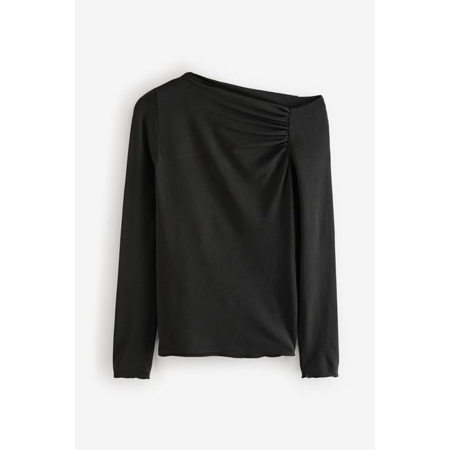 Haut asymétrique froncé à manches longues noir <span itemprop=