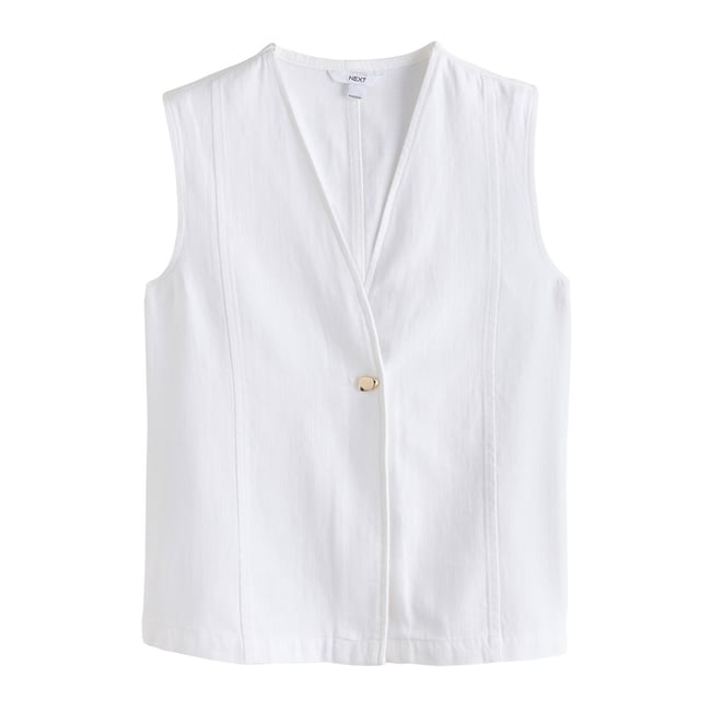 Gilet de costume en denim léger à col v écru <span itemprop=
