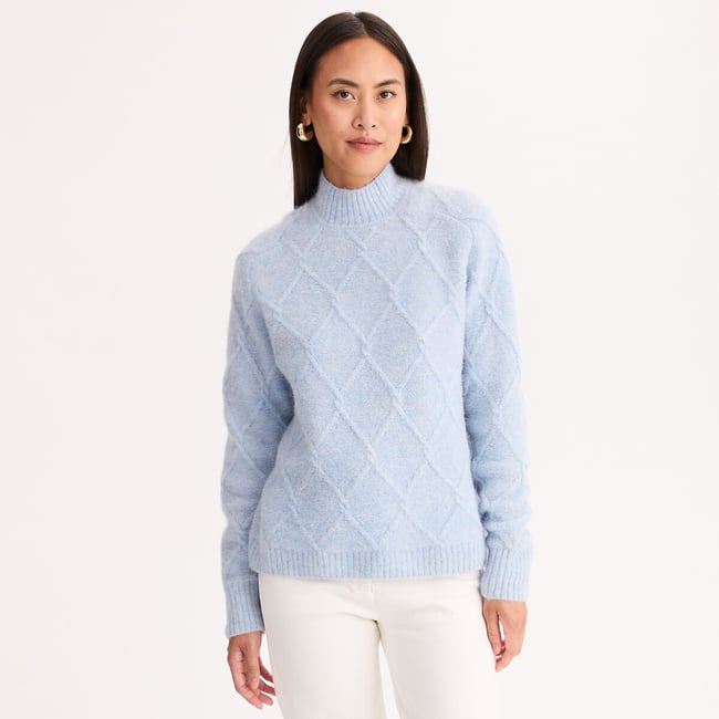 Pull col montant à torsades reliéfées, en alpaga et laine mélangés bleu polaire <span itemprop=