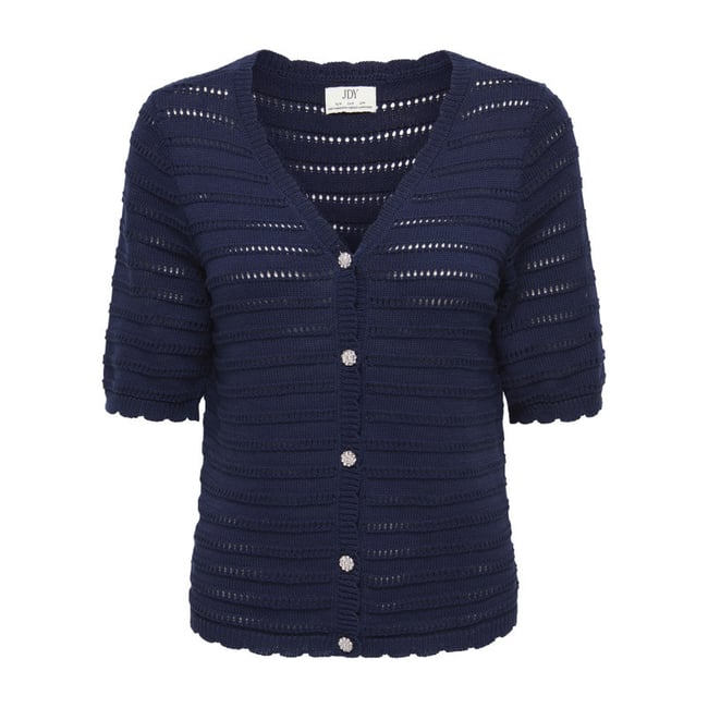 Gilet marine uni avec une coupe droite et un col V avec des boutons bleu foncé <span itemprop=