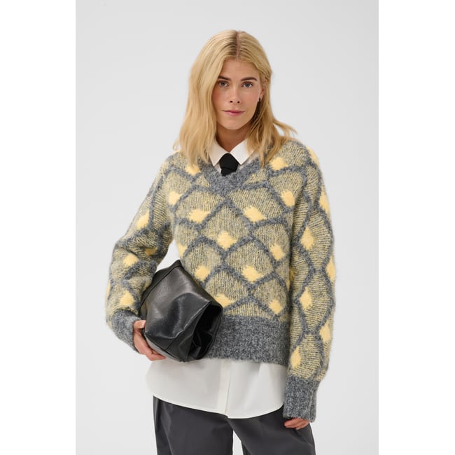 Pullover tricoté gris jaune grey/yellow <span itemprop=