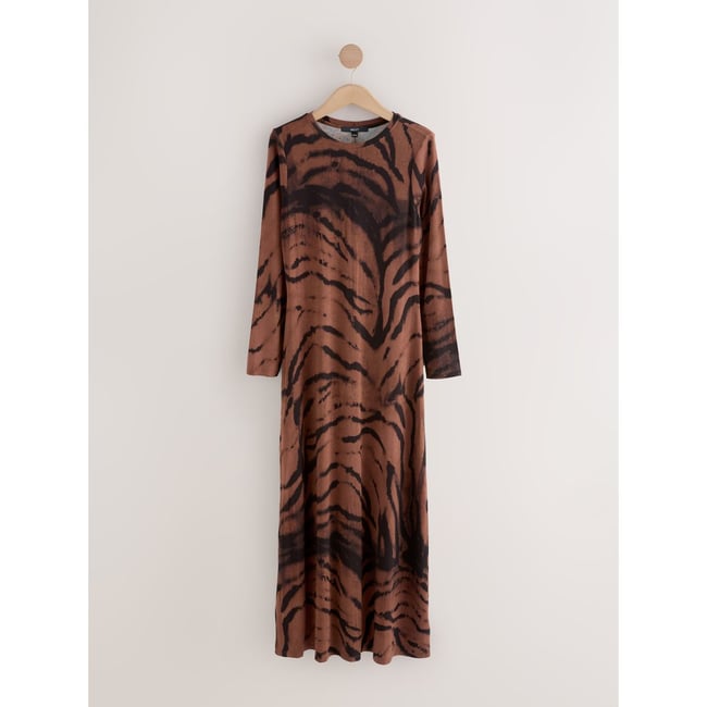 Robe longue trapèze en jersey manches longues imprimé animalier marron chocolat <span itemprop=