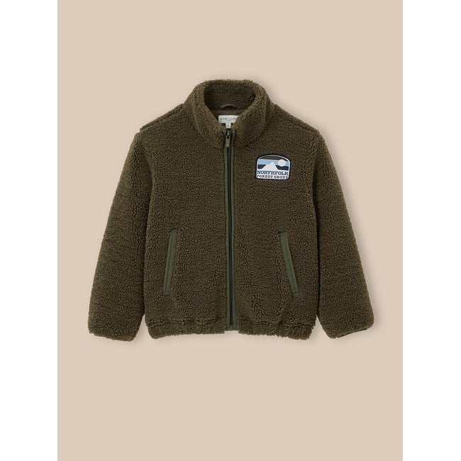 Cardigan zippé en sherpa kaki <span itemprop=