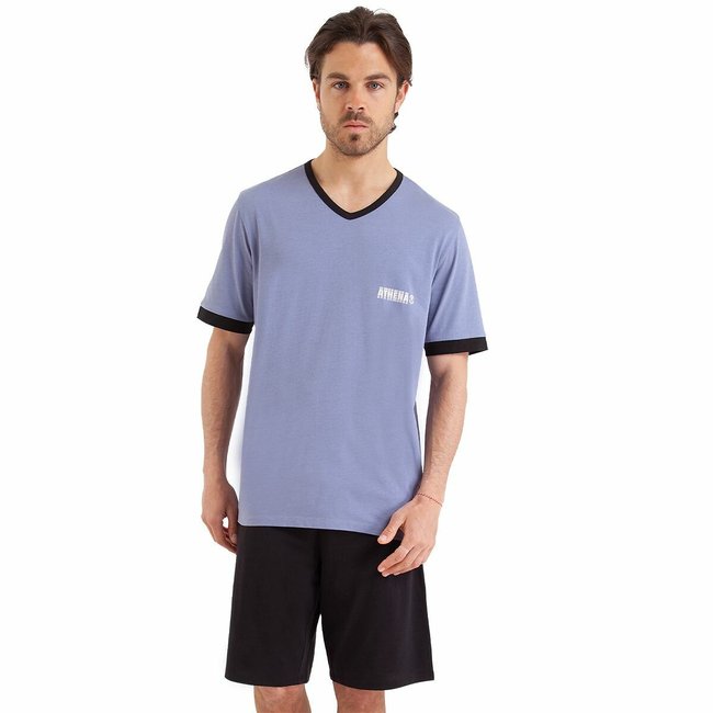 Cotton Short Pyjamas with V-Neck, parma grey/black, ATHENA