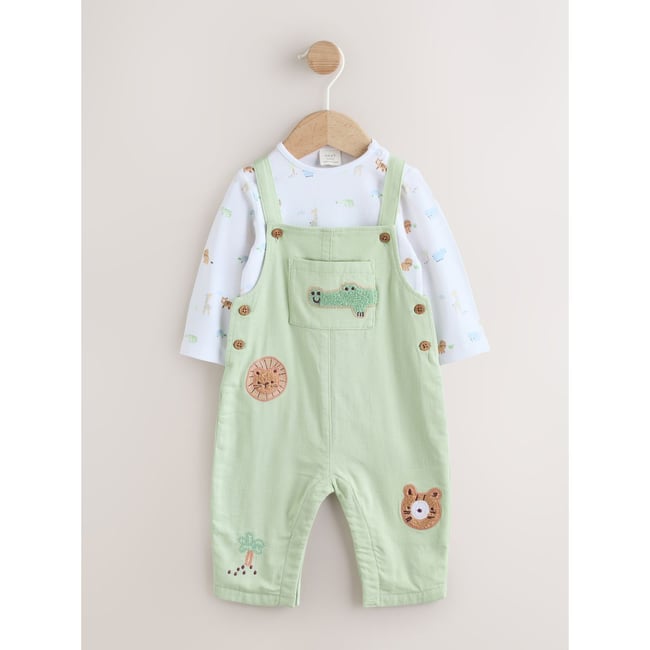Ensemble salopette et body en sergé bébé animaux du safari vert <span itemprop=