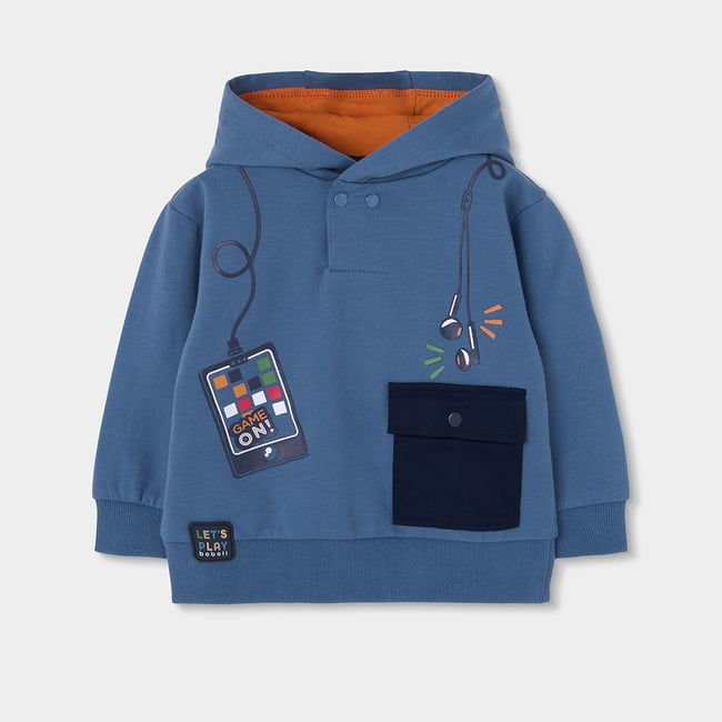 Sweat-shirt molleton garçon à capuche imprimé gaming bleu <span itemprop=