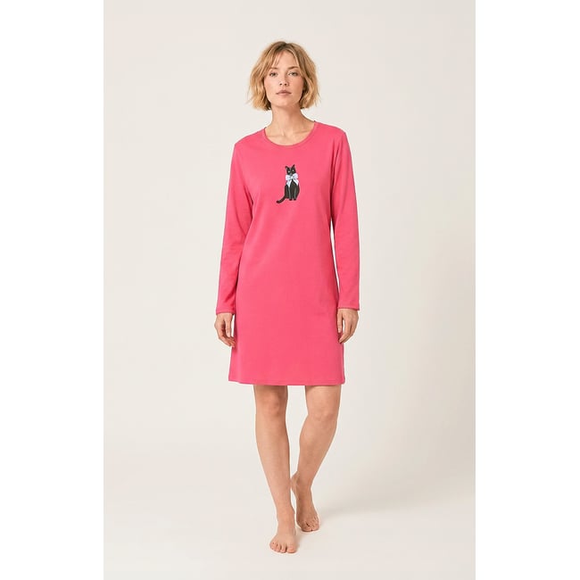 Chemise de nuit en jersey de coton imprimé Kitty fushia <span itemprop=