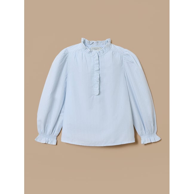 Blouse à volants rayure bleue <span itemprop=