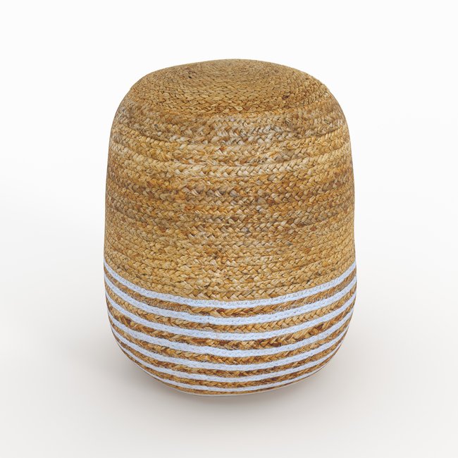 Pouf rond en jute, fines rayures D40 cm - BILLY Couleur beige et blanc <span itemprop=
